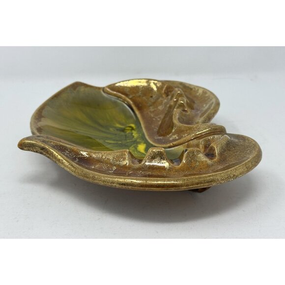 Vtg CALIFORNIA ORIGINALS LEAF ASHTRAY #55 Golden Avocado Ceramic Art Pottery MCM - Picture 4 of 11